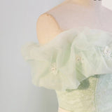 Ndyad Off Shoulder Tulle Green Long Prom Dress, Green Lace Long Sweet 16 Dress HZ1024