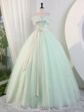 Ndyad Off Shoulder Tulle Green Long Prom Dress, Green Lace Long Sweet 16 Dress HZ1024