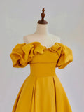 Ndyad Off Shoulder Yellow Long Prom Dress, Yellow Long Graduation Dress HZ1024