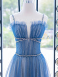 Ndyad Blue Tulle Long Prom Dress, Blue Tulle Formal Dresses HZ1024