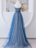 Ndyad Blue Tulle Long Prom Dress, Blue Tulle Formal Dresses HZ1024