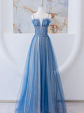 Ndyad Blue Tulle Long Prom Dress, Blue Tulle Formal Dresses HZ1024