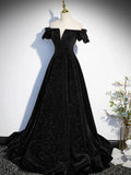 Ndyad Off Shoulder Velvet Black Long Prom Dress, Black Formal Dress HZ1024