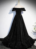 Ndyad Off Shoulder Velvet Black Long Prom Dress, Black Formal Dress HZ1024