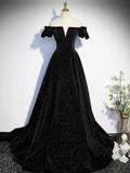 Ndyad Off Shoulder Velvet Black Long Prom Dress, Black Formal Dress HZ1024