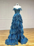 Ndyad Sweetheart Neck Tulle Sequin Lace Blue Long Prom Dress HZ1024