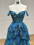 Ndyad Sweetheart Neck Tulle Sequin Lace Blue Long Prom Dress HZ1024