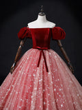 Ndyad Burgundy/Pink Tulle Long Prom Dress, Burgundy/Pink Sweet 16 Dress HZ1024