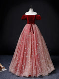 Ndyad Burgundy/Pink Tulle Long Prom Dress, Burgundy/Pink Sweet 16 Dress HZ1024