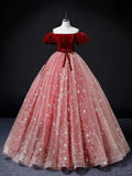 Ndyad Burgundy/Pink Tulle Long Prom Dress, Burgundy/Pink Sweet 16 Dress HZ1024