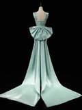 Ndyad Satin Green Long Prom Dress, Green Long Formal Dress with bow tie HZ1024