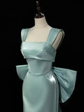 Ndyad Satin Green Long Prom Dress, Green Long Formal Dress with bow tie HZ1024