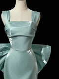 Ndyad Satin Green Long Prom Dress, Green Long Formal Dress with bow tie HZ1024