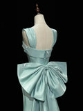 Ndyad Satin Green Long Prom Dress, Green Long Formal Dress with bow tie HZ1024