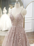 Ndyad V Neck Lace Tulle Long Prom Dress, Pink Tulle Formal Dresses HZ1024