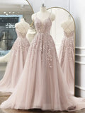 Ndyad V Neck Lace Tulle Long Prom Dress, Pink Tulle Formal Dresses HZ1024