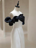 Ndyad Off Shoulder Satin Black/Beige Long Prom Dress, Black/Beige Long Formal Dress HZ1024