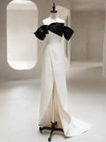 Ndyad Off Shoulder Satin Black/Beige Long Prom Dress, Black/Beige Long Formal Dress HZ1024