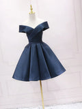 Ndyad blue off shoulder satin short prom dress blue bridesmaid dress HZ1024