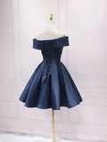 Ndyad blue off shoulder satin short prom dress blue bridesmaid dress HZ1024