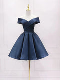Ndyad blue off shoulder satin short prom dress blue bridesmaid dress HZ1024