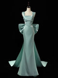 Ndyad Satin Green Long Prom Dress, Green Long Formal Dress with bow tie HZ1024