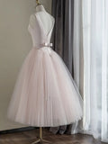 Ndyad round neck satin short prom dress, pink tulle bridesmaid dress HZ1024