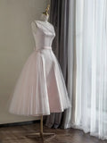 Ndyad round neck satin short prom dress, pink tulle bridesmaid dress HZ1024
