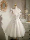 Ndyad sweetheart neck tulle lace short prom dress, white tulle formal dress HZ1024
