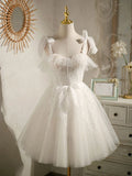 Ndyad sweetheart neck tulle lace short prom dress, white tulle formal dress HZ1024