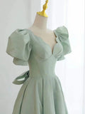 Ndyad green v neck satin short prom dress, green evening dress HZ1024