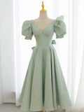 Ndyad green v neck satin short prom dress, green evening dress HZ1024