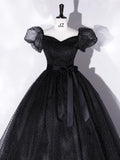 Ndyad A-Line Tulle Long Prom Dresses, Black Formal Sweet 16 Dress HZ1024