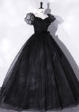 Ndyad A-Line Tulle Long Prom Dresses, Black Formal Sweet 16 Dress HZ1024