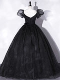 Ndyad A-Line Tulle Long Prom Dresses, Black Formal Sweet 16 Dress HZ1024
