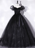 Ndyad A-Line Tulle Long Prom Dresses, Black Formal Sweet 16 Dress HZ1024