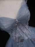 Ndyad A-Line Tulle Long Prom Dresses, Blue Tulle Formal Graduation Dresses HZ1024