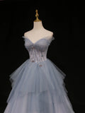 Ndyad A-Line Tulle Long Prom Dresses, Blue Tulle Formal Graduation Dresses HZ1024