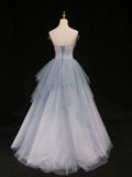 Ndyad A-Line Tulle Long Prom Dresses, Blue Tulle Formal Graduation Dresses HZ1024