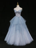 Ndyad A-Line Tulle Long Prom Dresses, Blue Tulle Formal Graduation Dresses HZ1024