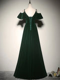 Ndyad A-Line Velvet Long Prom Dresses, Green Formal Evening Dress HZ1024