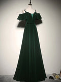 Ndyad A-Line Velvet Long Prom Dresses, Green Formal Evening Dress HZ1024