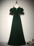 Ndyad A-Line Velvet Long Prom Dresses, Green Formal Evening Dress HZ1024