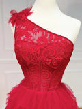 Ndyad One Shoulder Lace Tulle Burgundy Long Prom Dresses, Burgundy Formal Dresses HZ1024