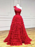 Ndyad One Shoulder Lace Tulle Burgundy Long Prom Dresses, Burgundy Formal Dresses HZ1024