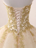 Ndyad Sweetheart Neck Tulle Long Prom Gown, Champagne Sweet 16 Dress HZ1024