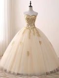Ndyad Sweetheart Neck Tulle Long Prom Gown, Champagne Sweet 16 Dress HZ1024