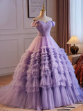 Ndyad Off Shoulder Tulle Purple Long Prom Dress, Purple Long Evening Dress HZ1024