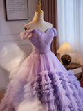 Ndyad Off Shoulder Tulle Purple Long Prom Dress, Purple Long Evening Dress HZ1024