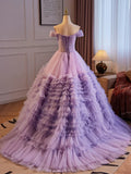Ndyad Off Shoulder Tulle Purple Long Prom Dress, Purple Long Evening Dress HZ1024